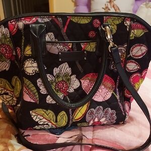 Vera Bradley Black and Pink Floral Tote Bag With Matching Wallet.